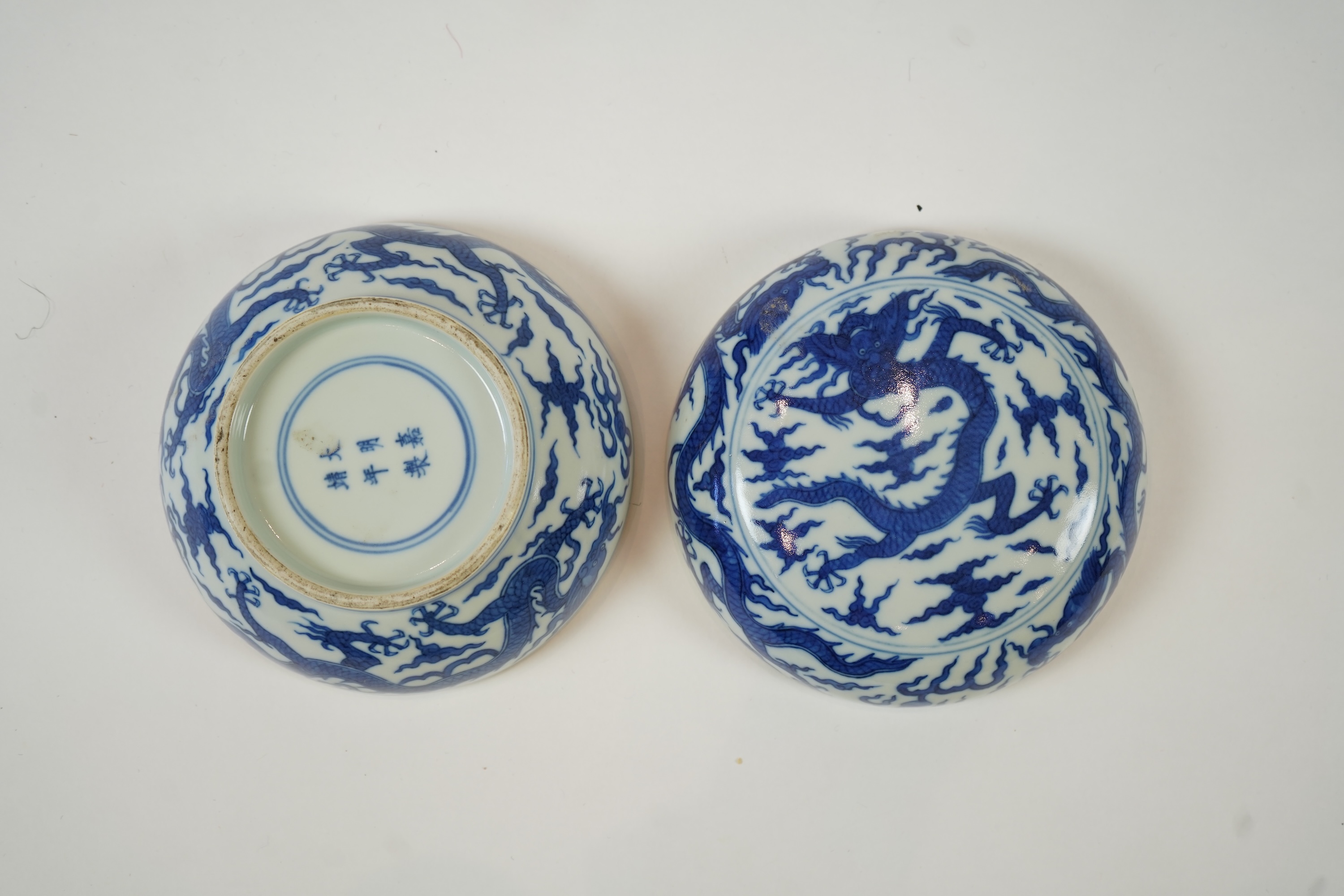 A Chinese blue and white ‘dragon’ box and cover, Jiajing six character mark, 19th century